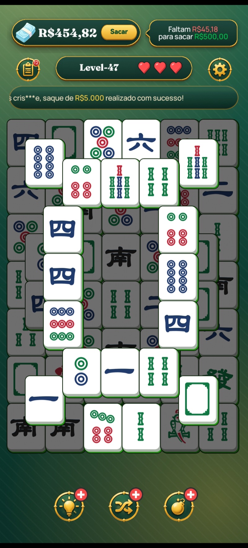 Rich Mahjong Match gameplay — mahjong tile matching on a lush green board